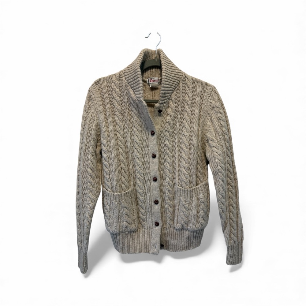 Vintage‎ Orvis Cream Cable Knit Wood Button 100% Wool Cardigan Size M